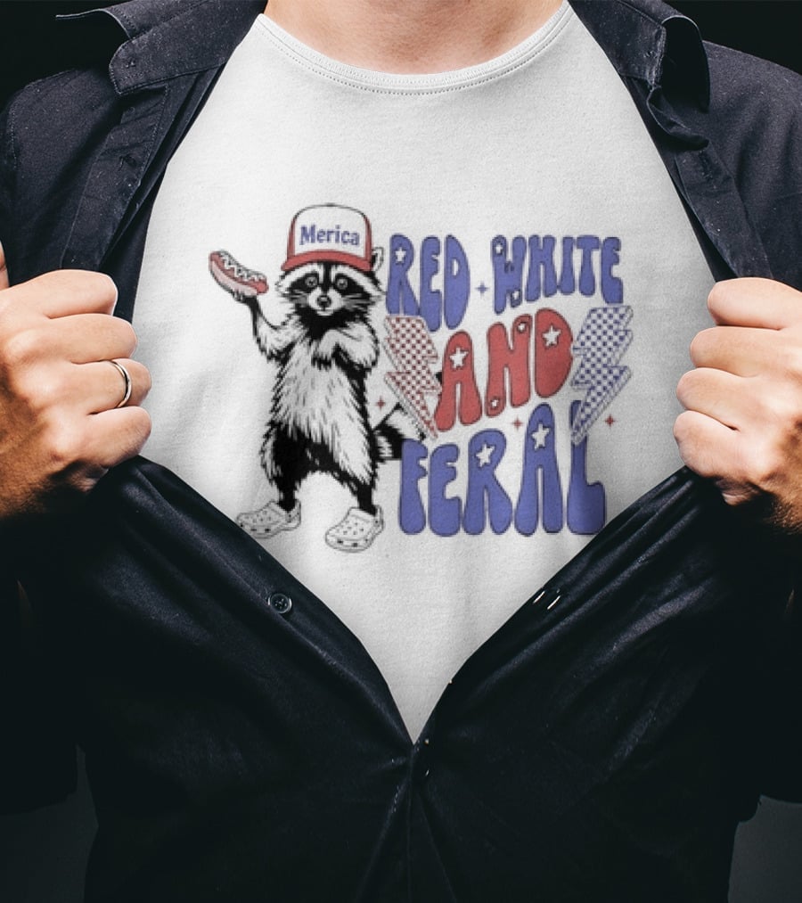 Raccoon Red White And Feral Hot Dog 4th Of July Merica Independence Day T-Shirt