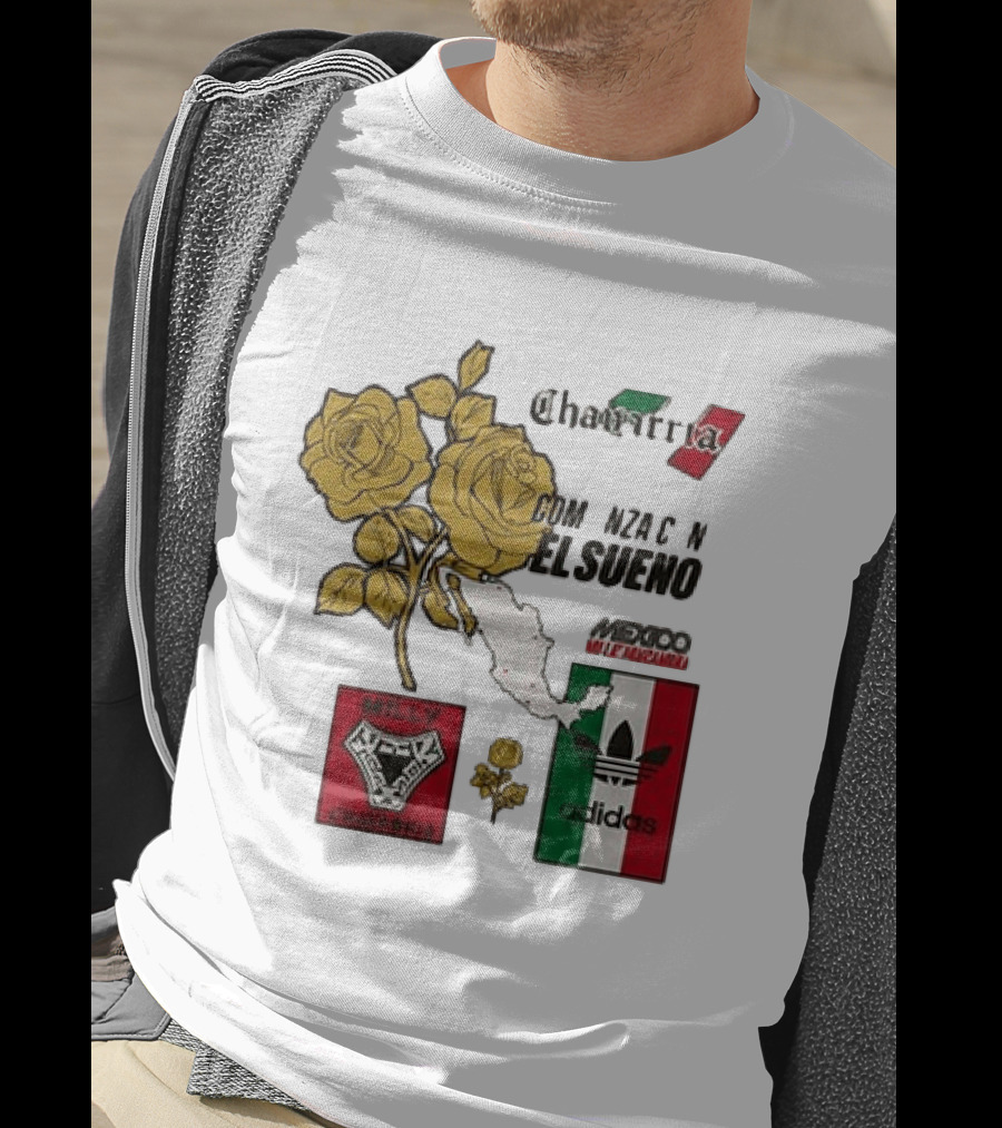 Mexico Willy Chavarria Adidas Comienza Con El Sueno 2026 Collaboration Gold Roses Map Mexican Flag T-Shirt