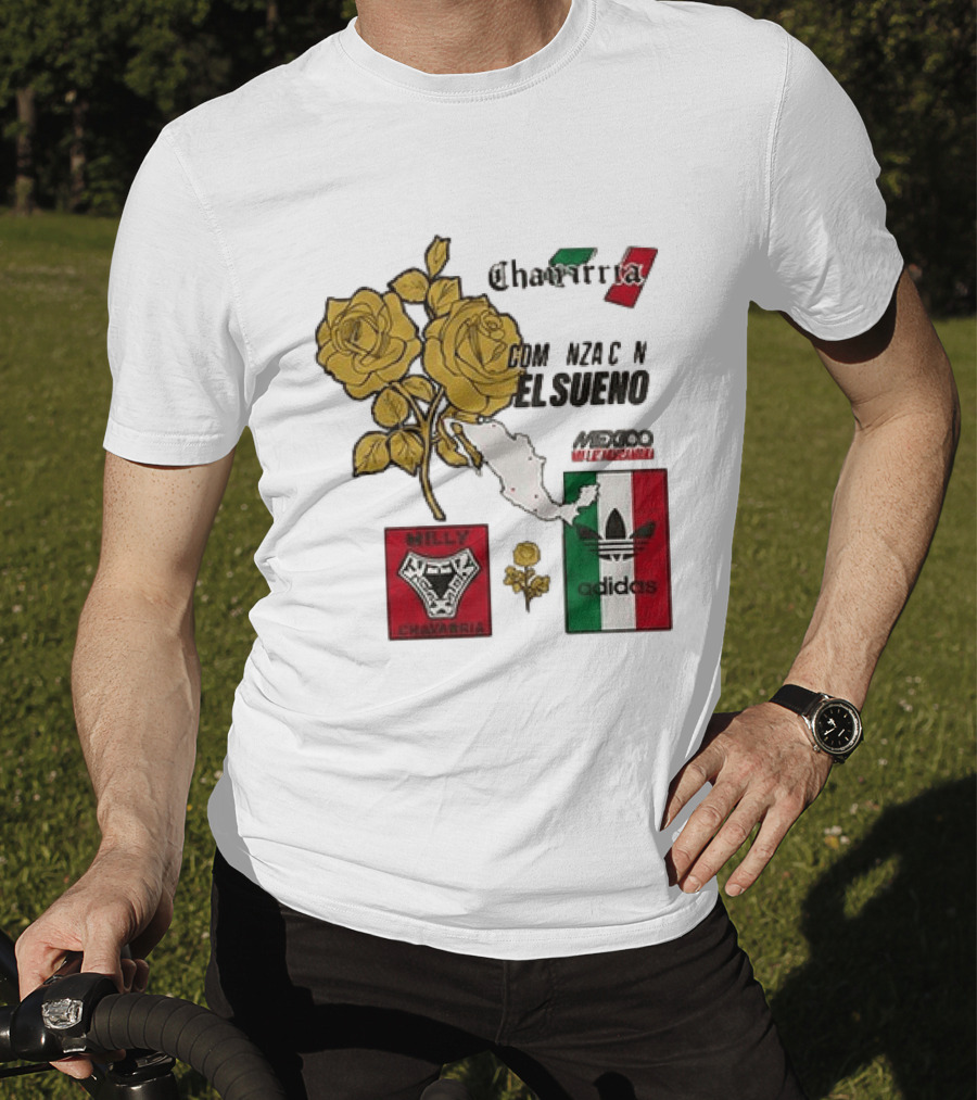 Mexico Willy Chavarria Adidas Comienza Con El Sueno 2026 Collaboration Gold Roses Map Mexican Flag T-Shirt