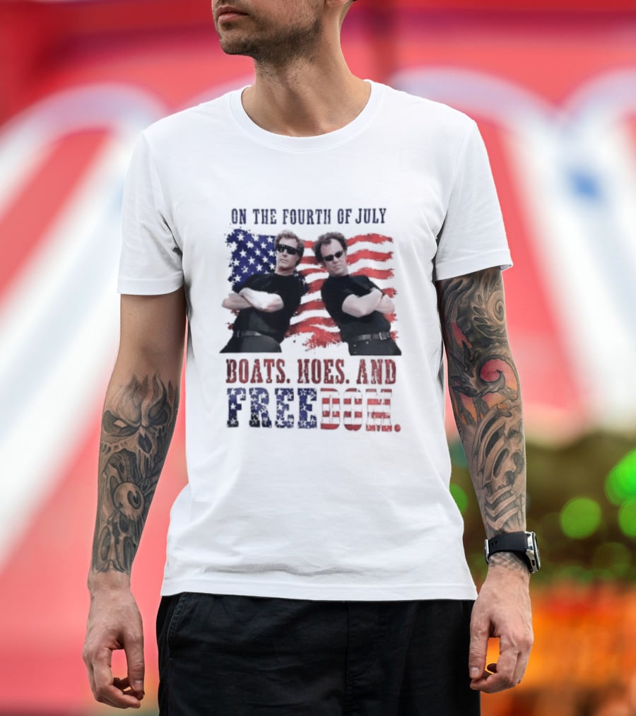 On The Fourth Of July Boats Hoes And Freedom Step Brothers American Flag T-Shirt