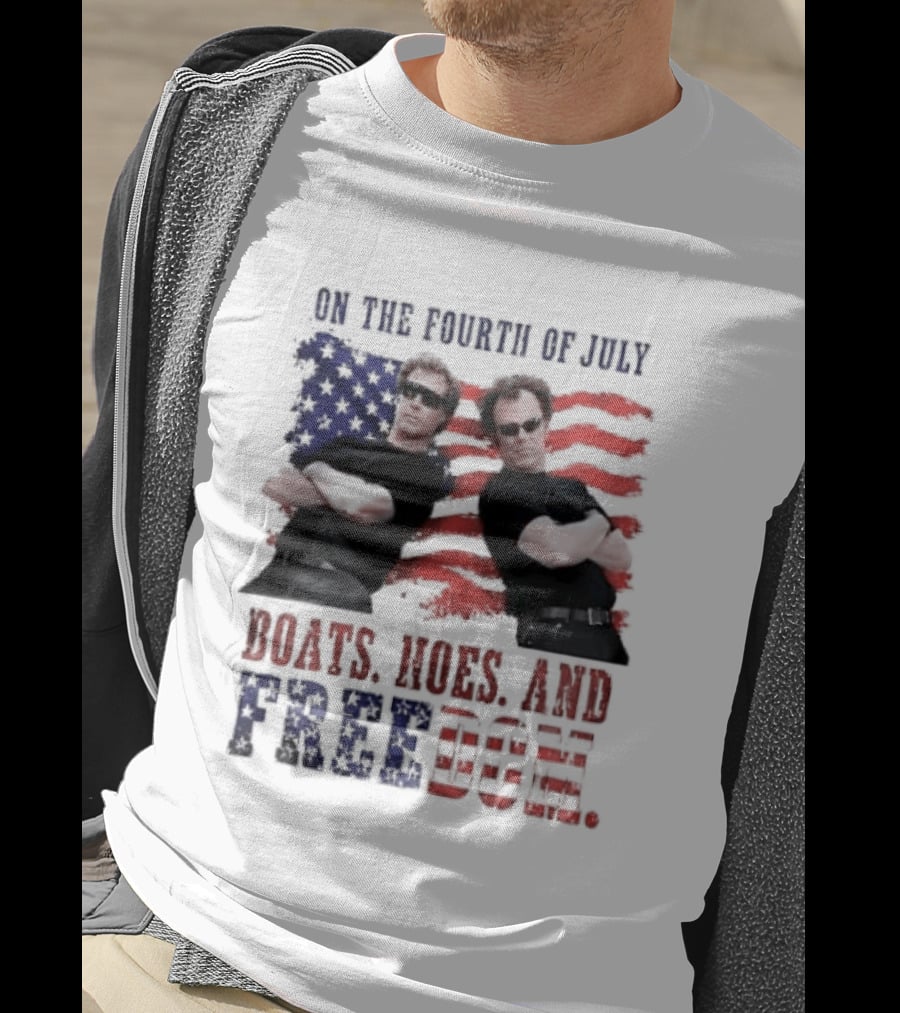 On The Fourth Of July Boats Hoes And Freedom Step Brothers American Flag T-Shirt
