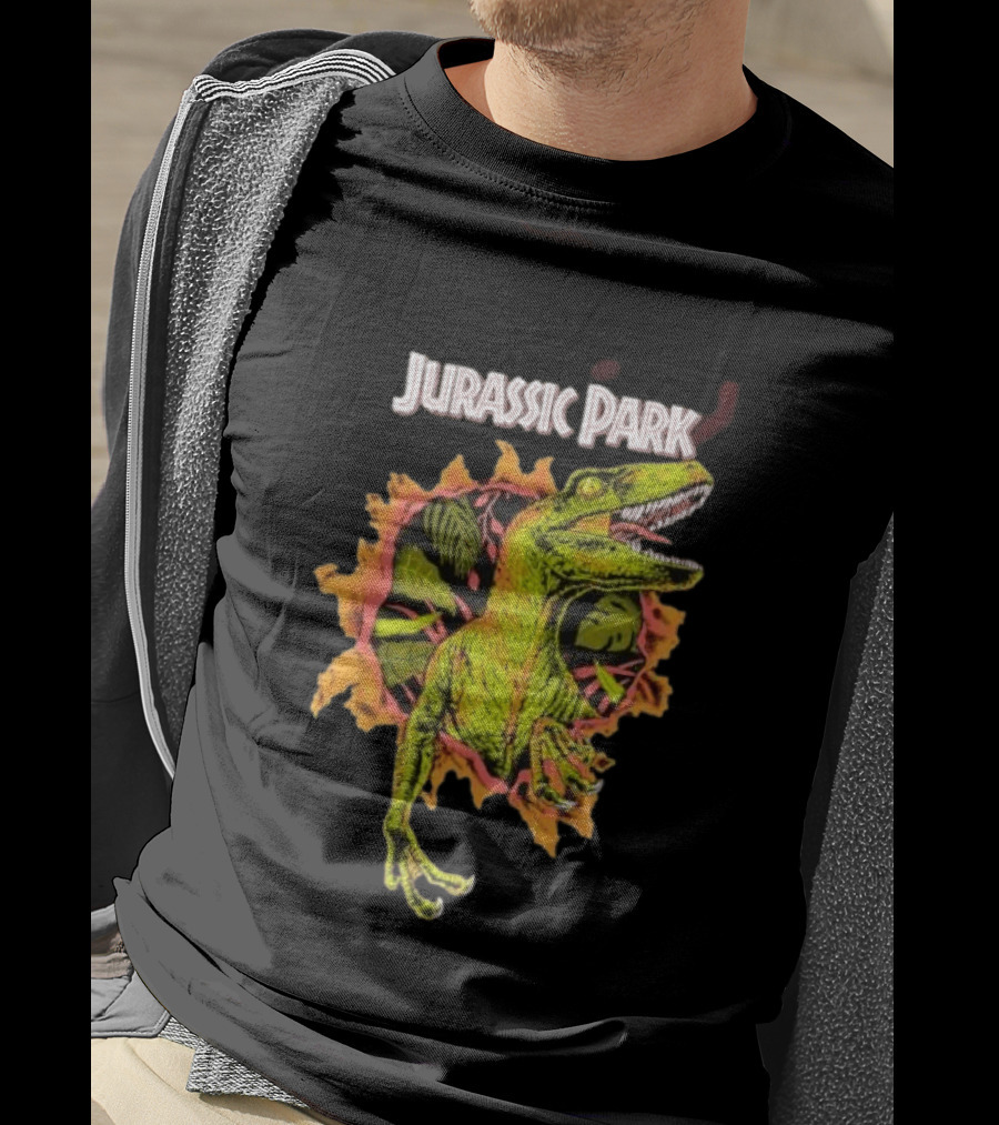 Velociraptor Jurassic Park Dinosaur Breaking Through Wall T-Shirt