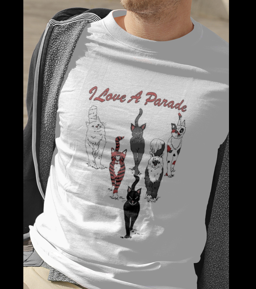 I Love A Parade Walking Cats Black Silhouettes Red Stripes T-Shirt