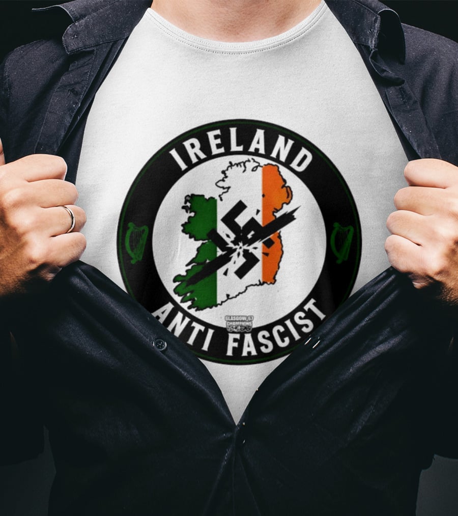 Ireland Anti Fascist Map Design With Tri Color Stripes And Crossed Out T-Shirt
