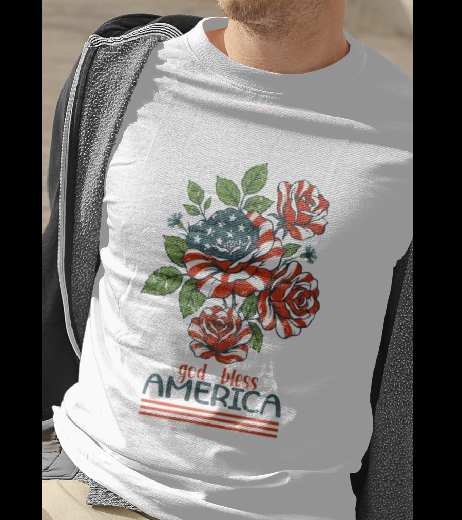 Patriotic Floral God Bless America Roses With Red White Blue Stripes T-Shirt