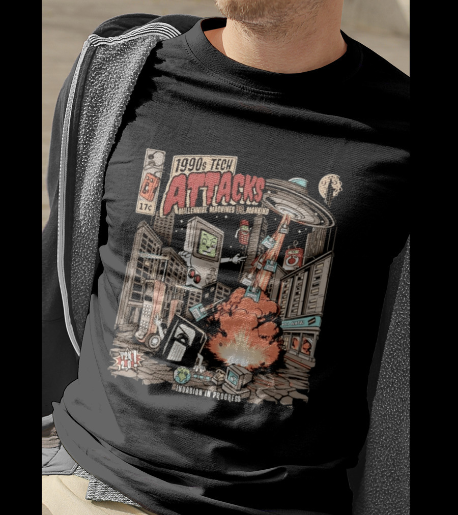 1990s Tech Attacks Millennial Machines Vs Mankind Invasion In Progress Y2K 2.0 T-Shirt