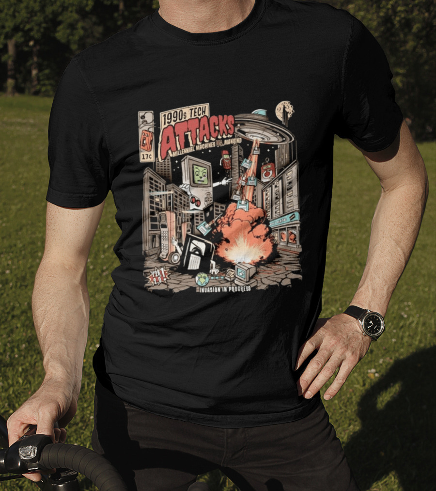 1990s Tech Attacks Millennial Machines Vs Mankind Invasion In Progress Y2K 2.0 T-Shirt
