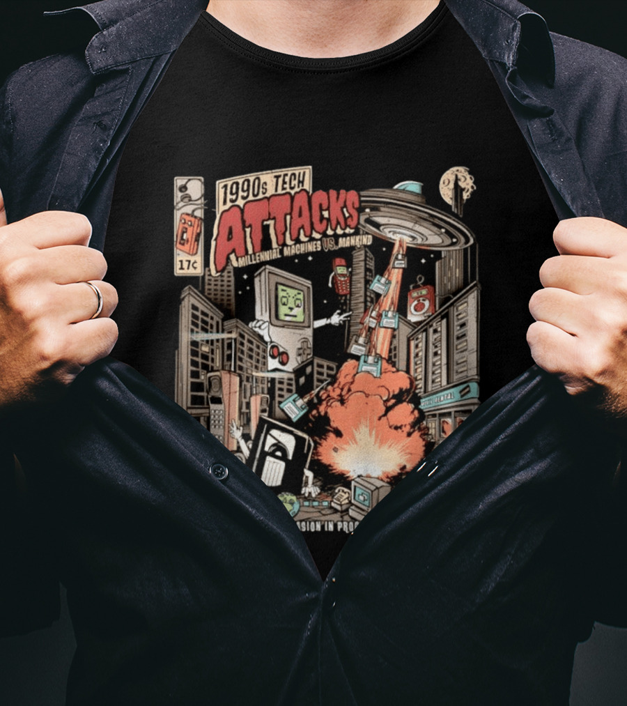 1990s Tech Attacks Millennial Machines Vs Mankind Invasion In Progress Y2K 2.0 T-Shirt