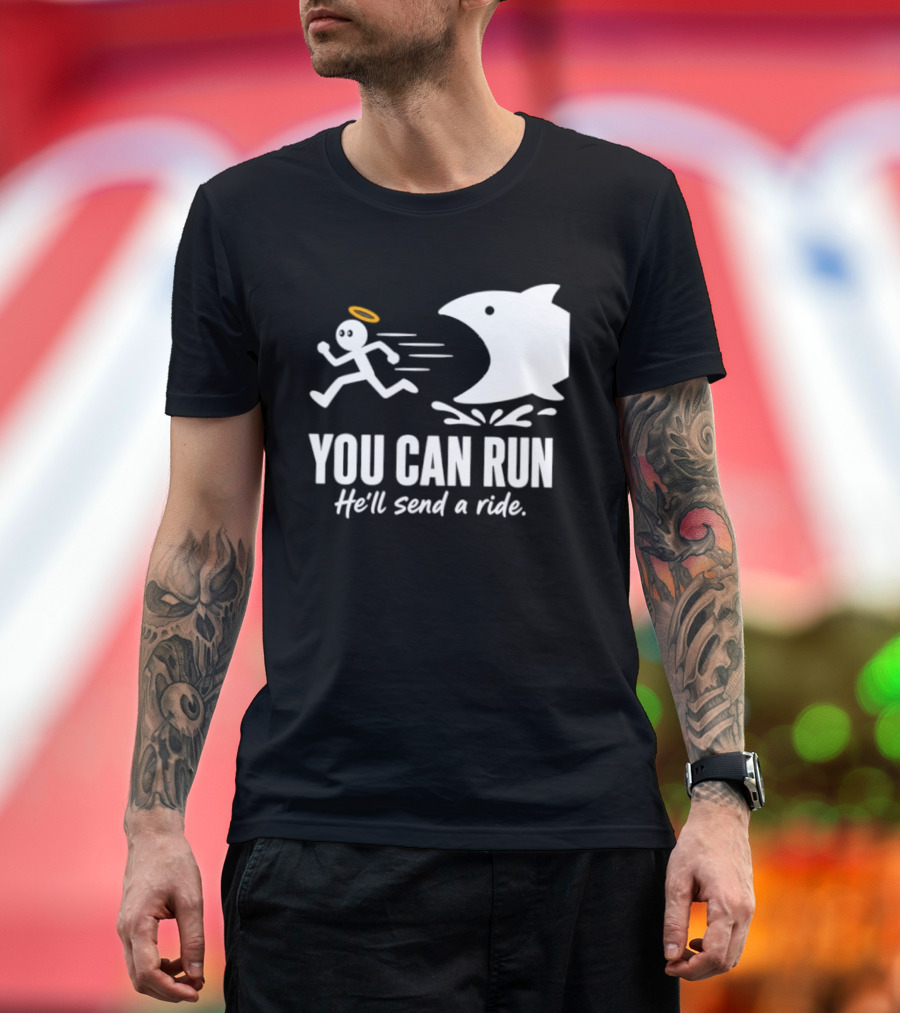 Angel Fleeing Shark You Can Run He'll Send A Ride Humor T-Shirt