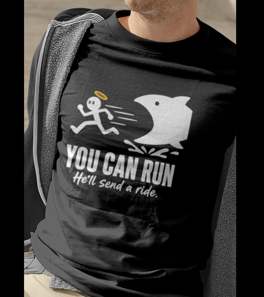 Angel Fleeing Shark You Can Run He'll Send A Ride Humor T-Shirt