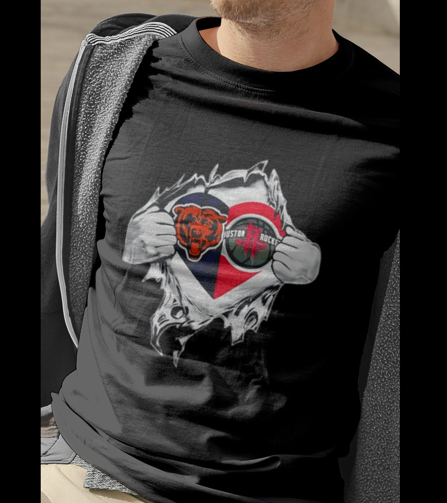 Chicago Bears Houston Rockets Ripped Chest Duo Logo Fan Gear T-Shirt