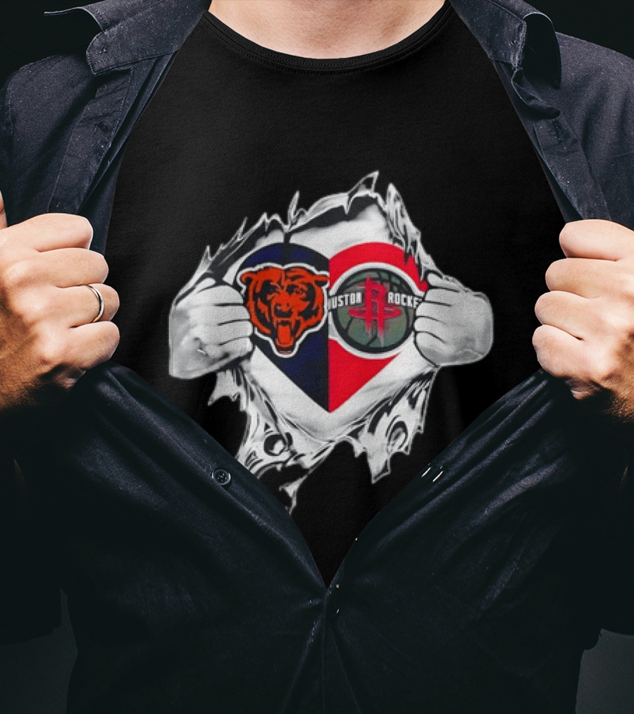 Chicago Bears Houston Rockets Ripped Chest Duo Logo Fan Gear T-Shirt