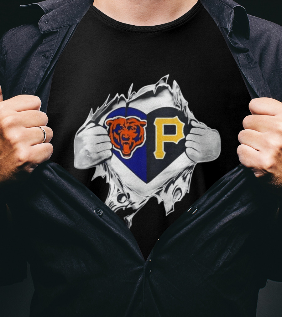 Chicago Bears Pittsburgh Pirates Heart Ripped Open Dual Team Loyalty T-Shirt