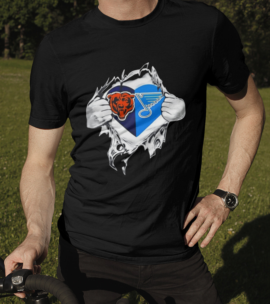 Chicago Bears St Louis Blues Heart Ripping Open Chest Fans Passion Fusion T-Shirt