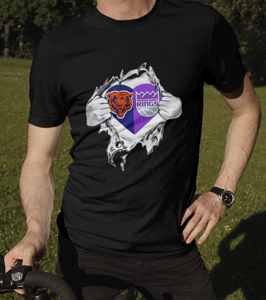 Heart Rip Chicago Bears Sacramento Kings Fan Logo Combo T-Shirt