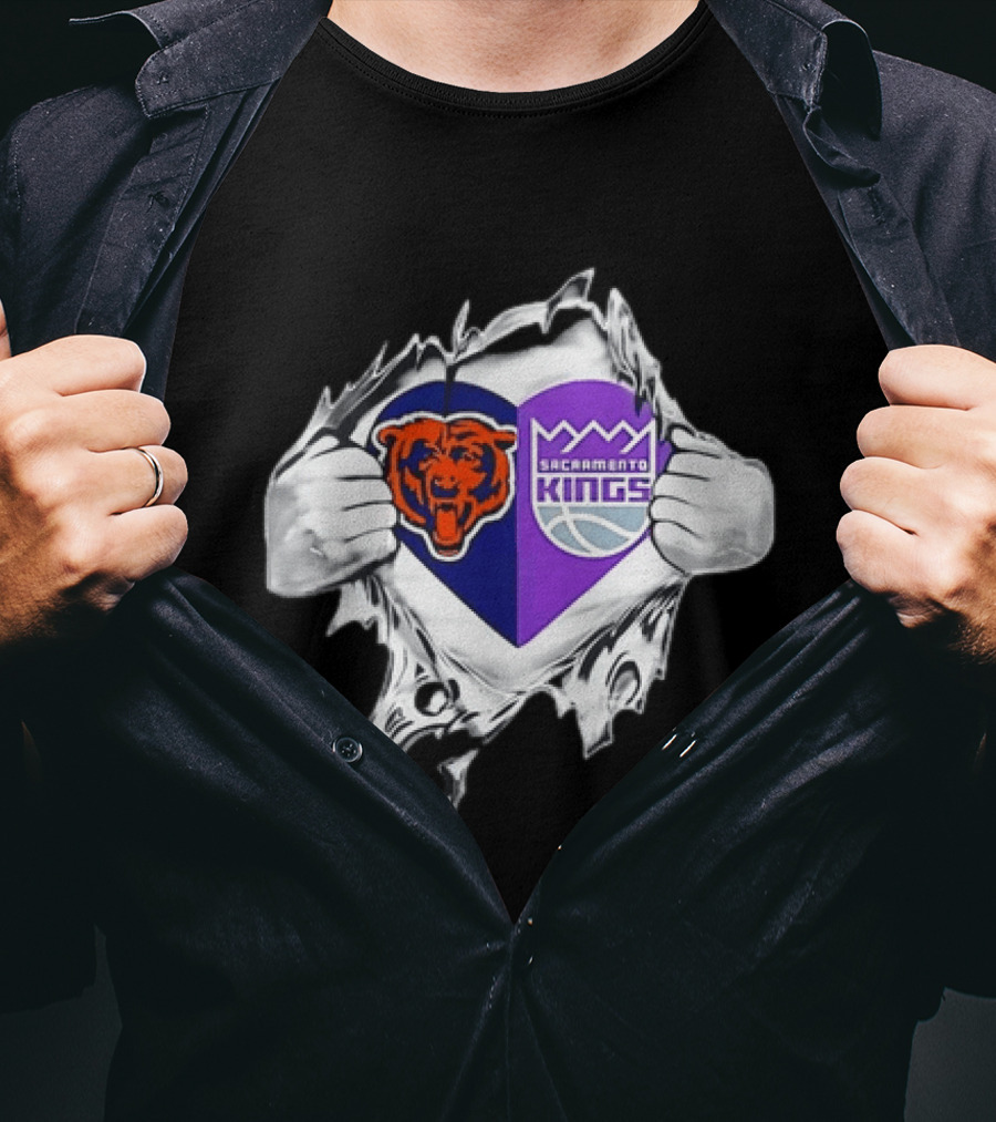 Heart Rip Chicago Bears Sacramento Kings Fan Logo Combo T-Shirt