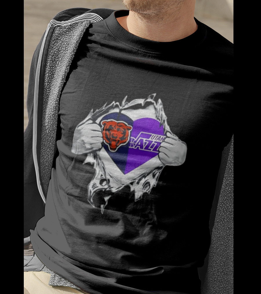 Heart Split Chicago Bears Utah Jazz Team Logos T-Shirt