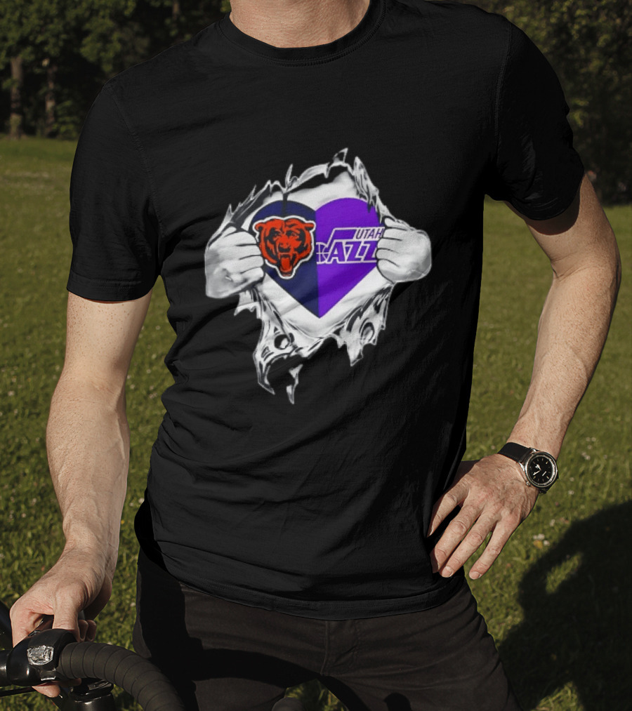 Heart Split Chicago Bears Utah Jazz Team Logos T-Shirt