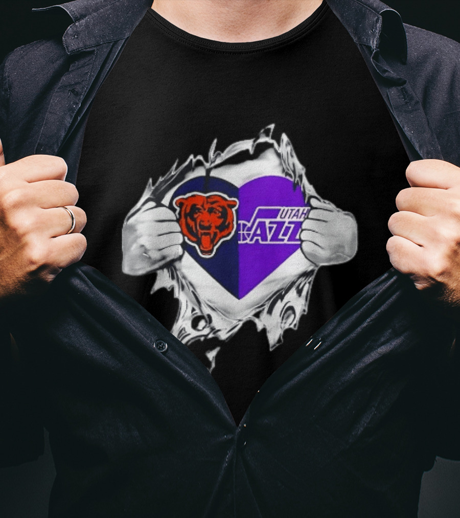 Heart Split Chicago Bears Utah Jazz Team Logos T-Shirt