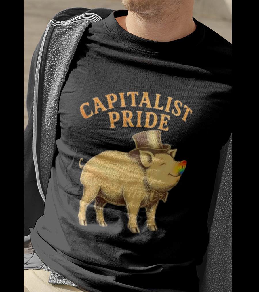 Capitalist Pride Pig With Rainbow Nose And Top Hat Bow Tie T-Shirt