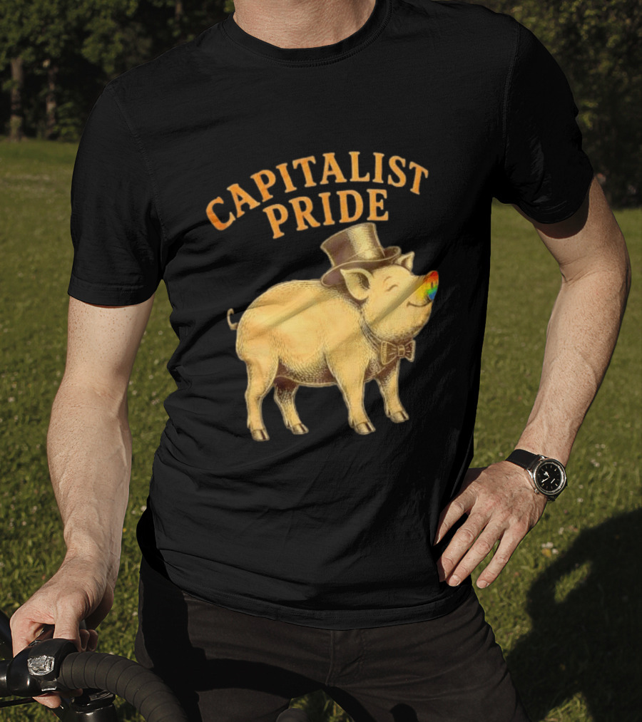 Capitalist Pride Pig With Rainbow Nose And Top Hat Bow Tie T-Shirt