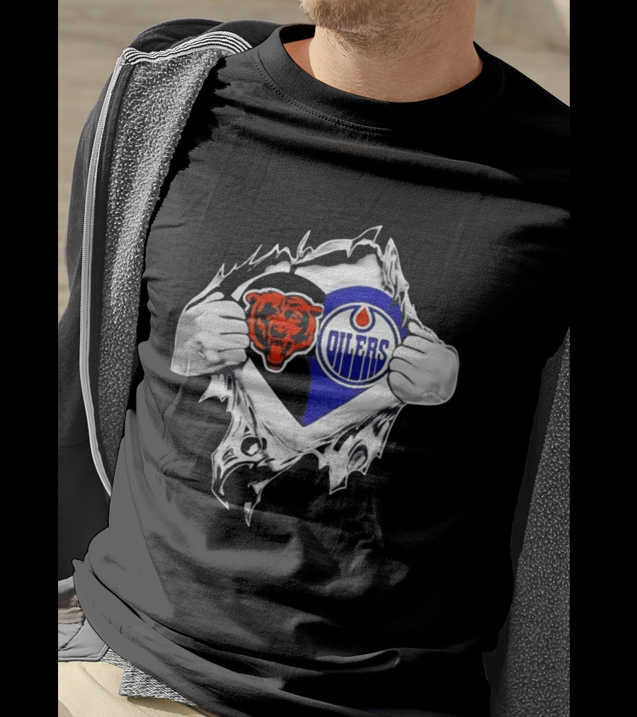 Chicago Bears And Edmonton Oilers Logo Heart Tear T-Shirt