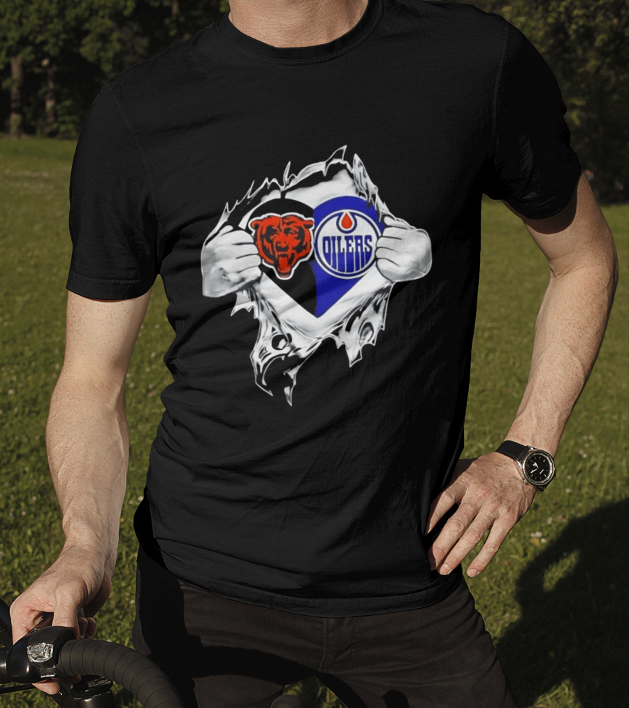Chicago Bears And Edmonton Oilers Logo Heart Tear T-Shirt