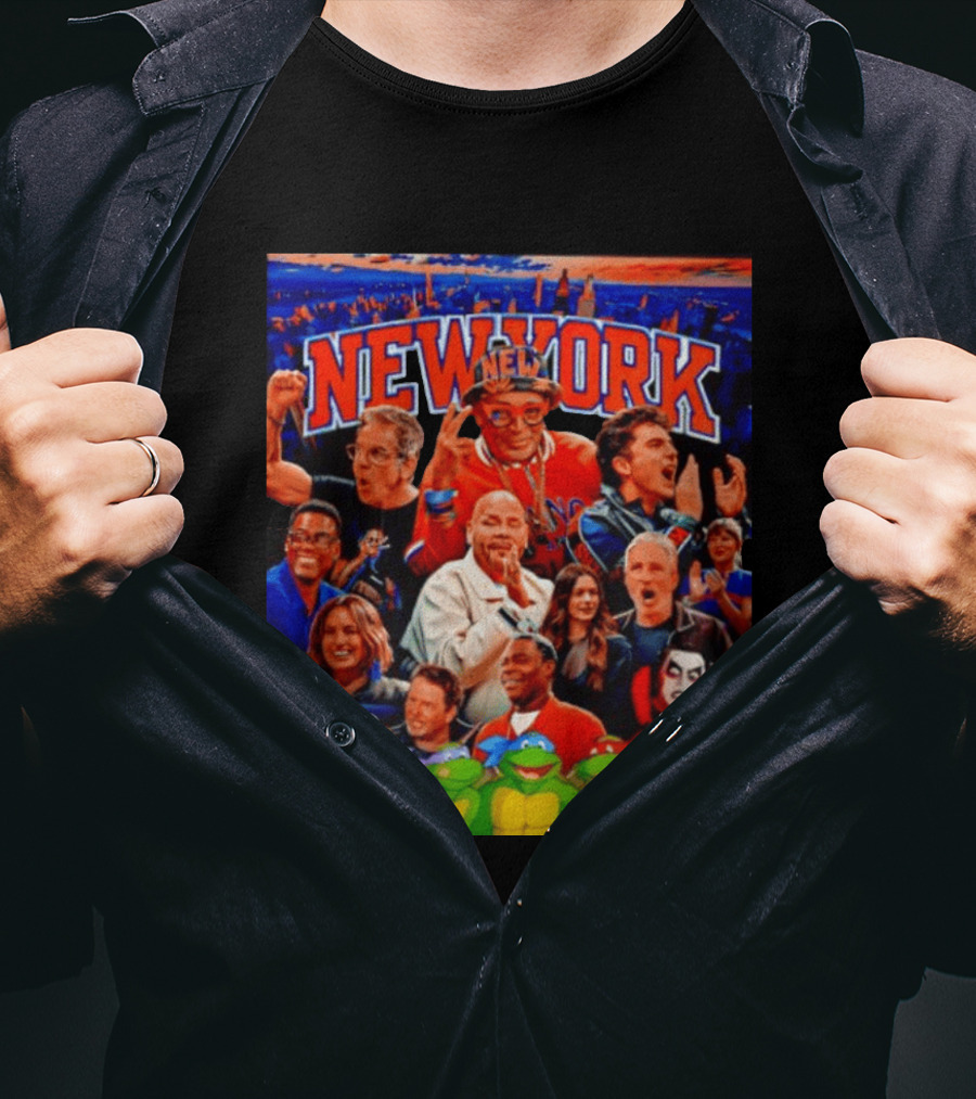 New York Knicks Fans Spike Lee Ben Stiller Timothee Chalamet Chris Rock Featuring Ninja Turtles And Spider Man T-Shirt