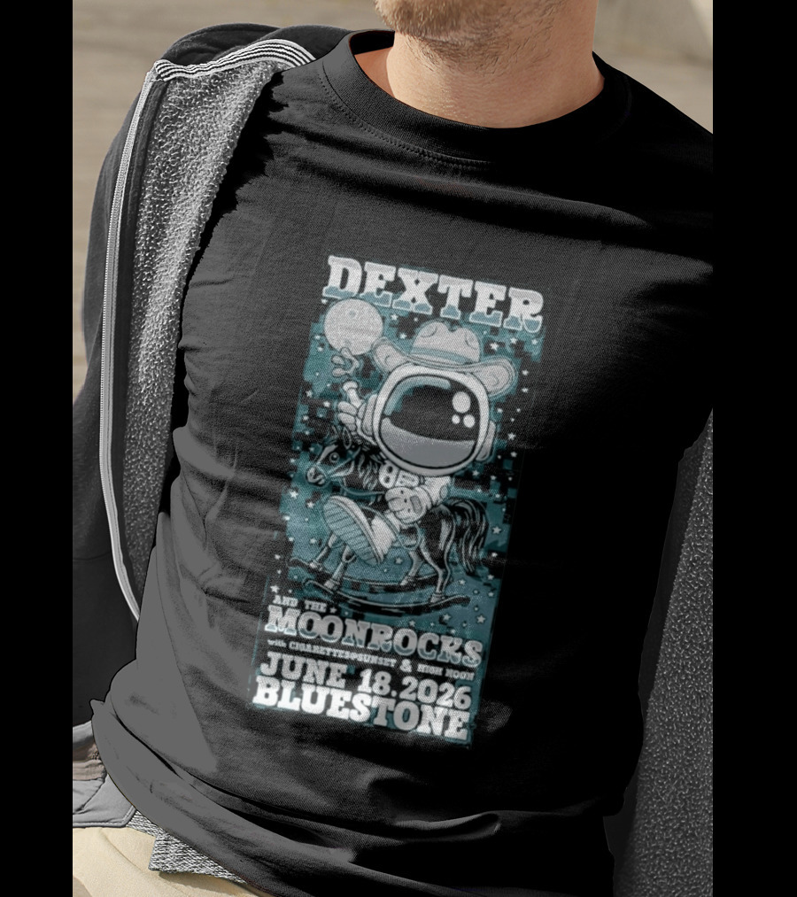 Dexter And The Moonrocks June 18 2026 Bluestone Astronaut Cowboy Riding Horse With Cigarettes Sunset And High Noon T-Shirt