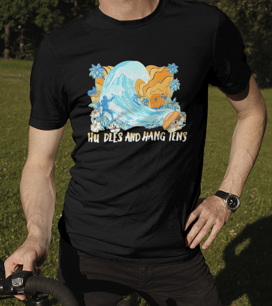 Los Angeles Chargers Tommy Bahama Huddle And Hang Tens Tropical Wave Football Scene T-Shirt