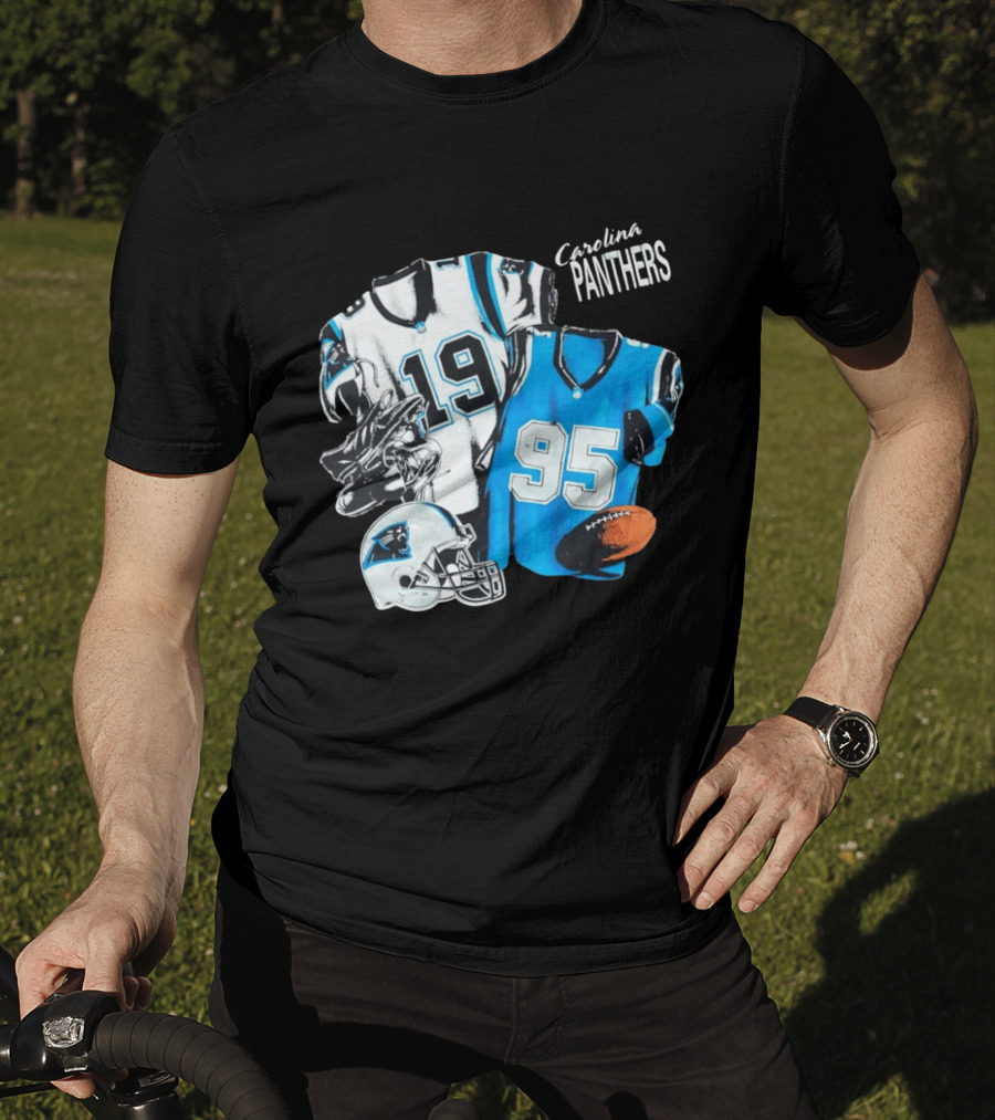 Carolina Panthers 19 95 Jerseys And Helmet With Football T-Shirt