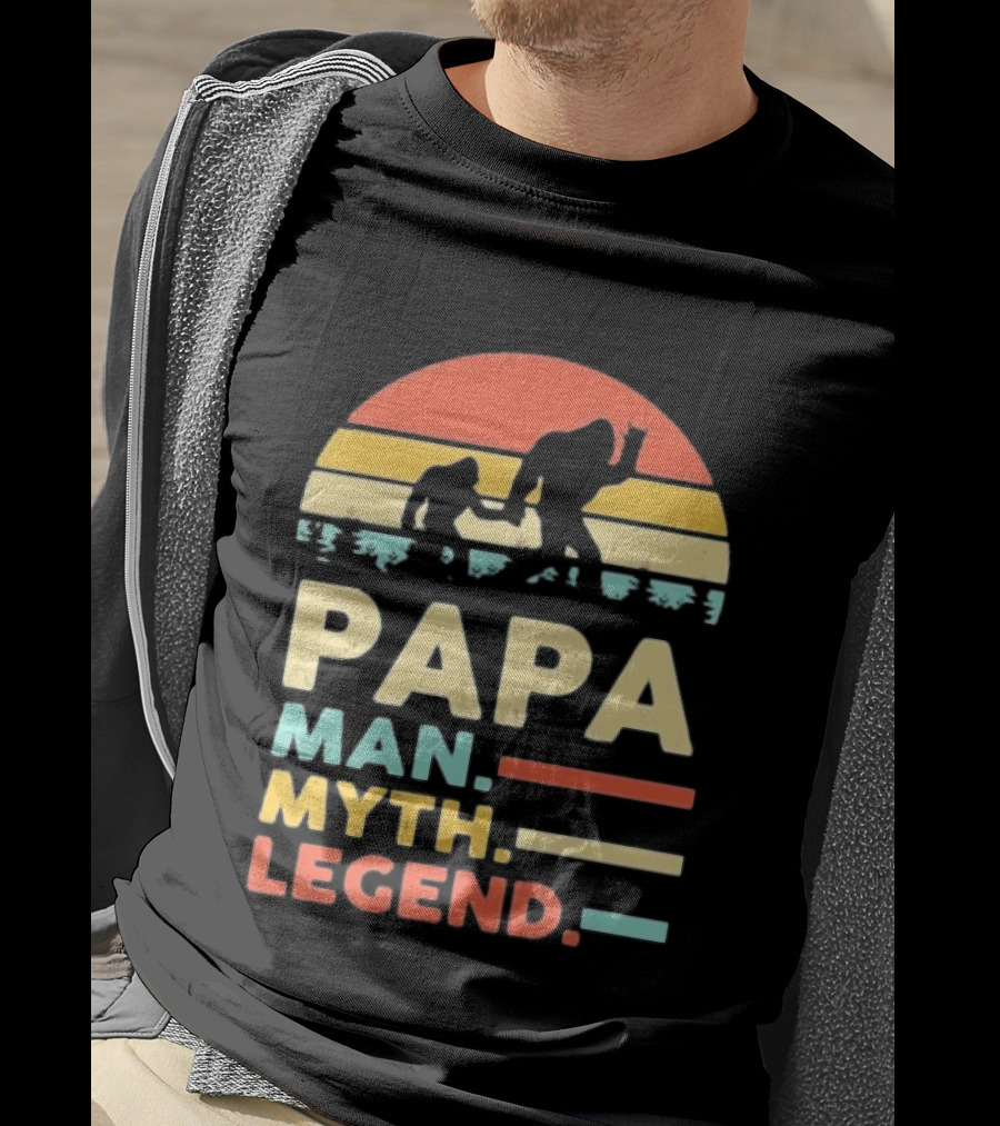 Papa Man Myth Legend Bigfoot Retro Sunset T-Shirt