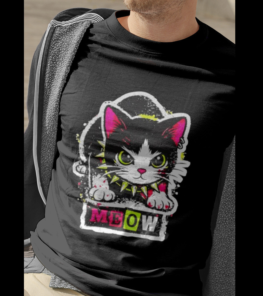 Punk Rock Cat Studded Collar Meow For Music Fans And Cat Lovers T-Shirt