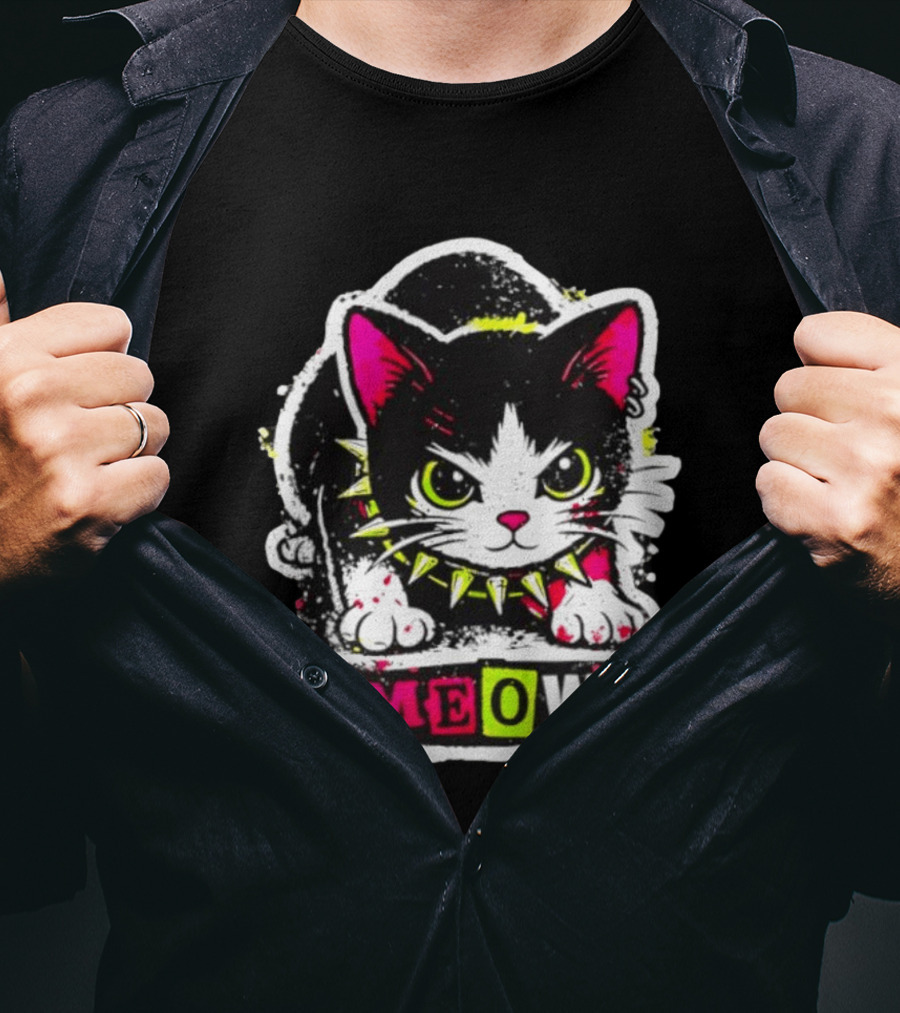 Punk Rock Cat Studded Collar Meow For Music Fans And Cat Lovers T-Shirt