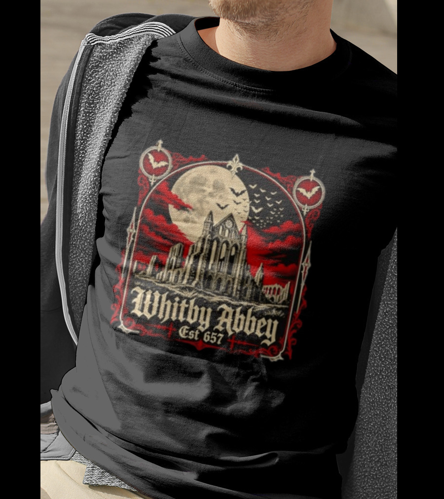 Whitby Abbey Gothic North Yorkshire England Est 657 Moon Bats T-Shirt