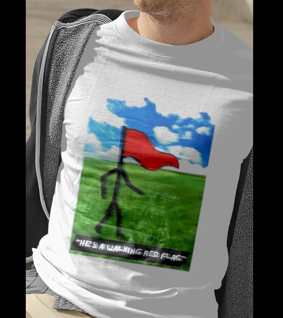 Stick Figure With Red Flag Walking In Field With Blue Sky T-Shirt