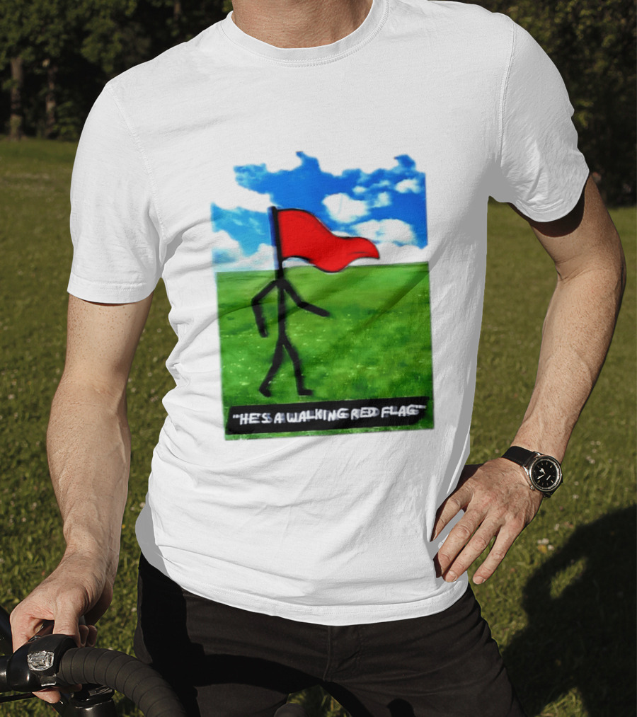 Stick Figure With Red Flag Walking In Field With Blue Sky T-Shirt