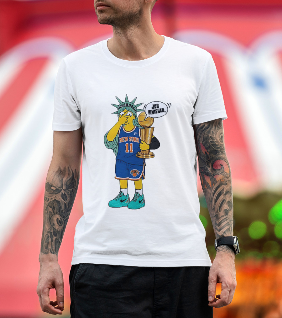 Statue Of Liberty Simpsons Jalen Brunson Hug Trophy New York Knicks Job Finished 2026 NBA Championship T-Shirt