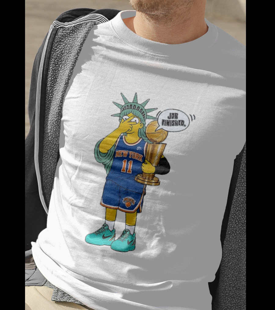 Statue Of Liberty Simpsons Jalen Brunson Hug Trophy New York Knicks Job Finished 2026 NBA Championship T-Shirt