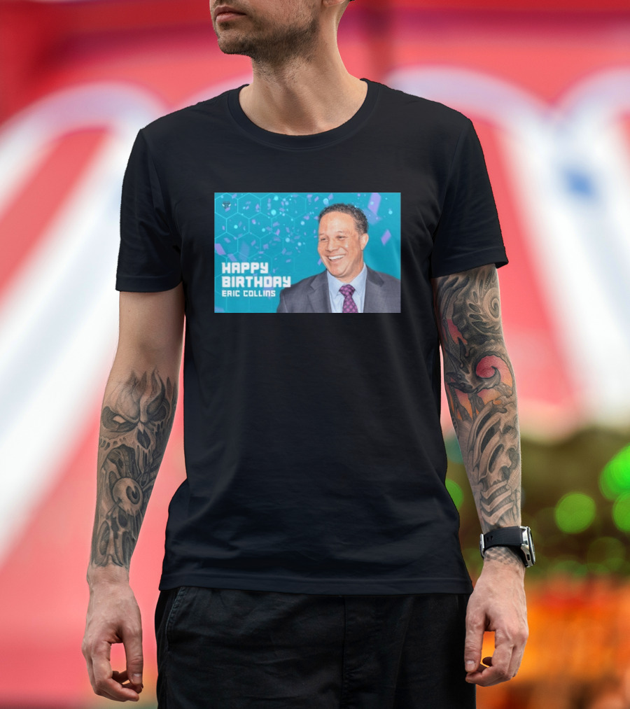 Happy 57th Birthday Eric Collins Celebration With Smiling Man And Turquoise Hexagonal T-Shirt