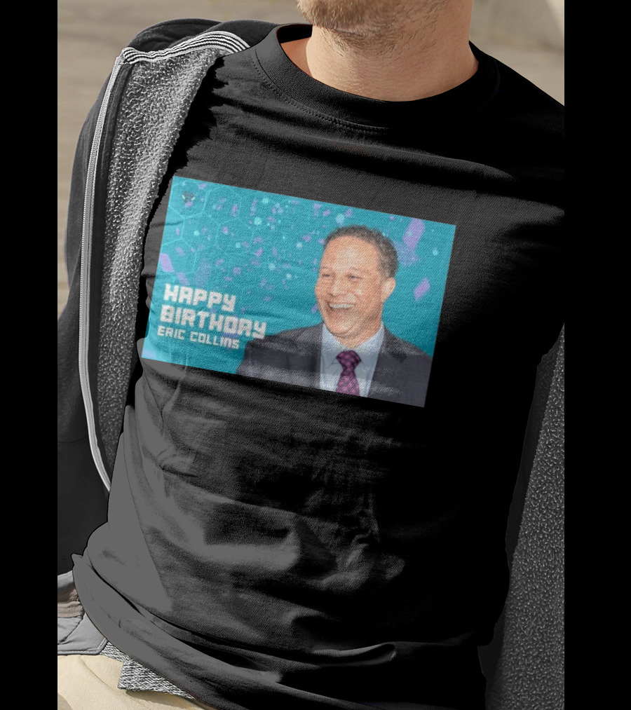 Happy 57th Birthday Eric Collins Celebration With Smiling Man And Turquoise Hexagonal T-Shirt