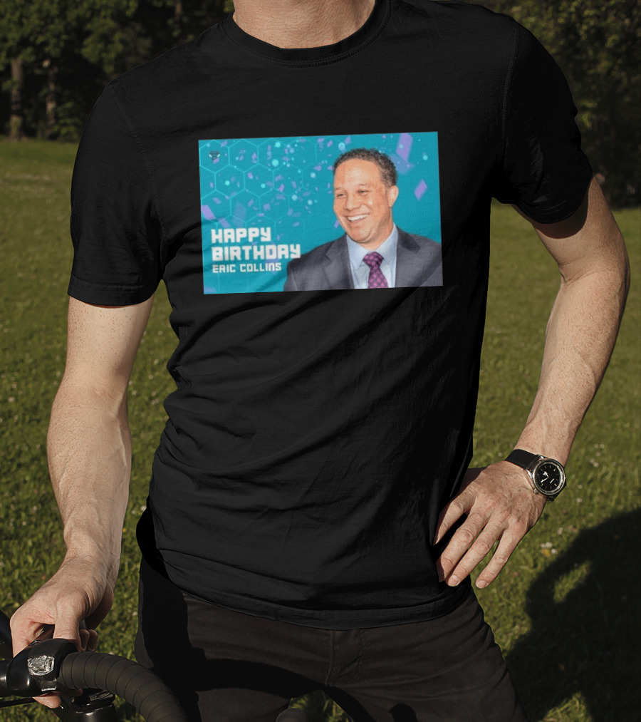 Happy 57th Birthday Eric Collins Celebration With Smiling Man And Turquoise Hexagonal T-Shirt
