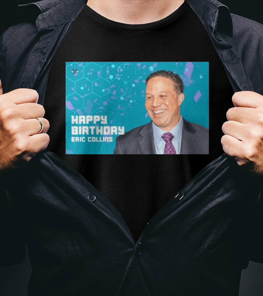 Happy 57th Birthday Eric Collins Celebration With Smiling Man And Turquoise Hexagonal T-Shirt