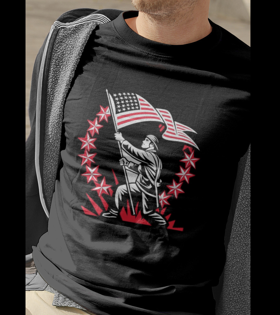 American Soldier Raising Flag USA Pride Patriotic Stars T-Shirt