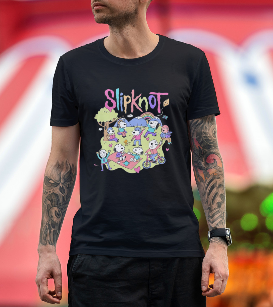 Snoopy Peanuts Characters Playing In Park With Slipknot T-Shirt