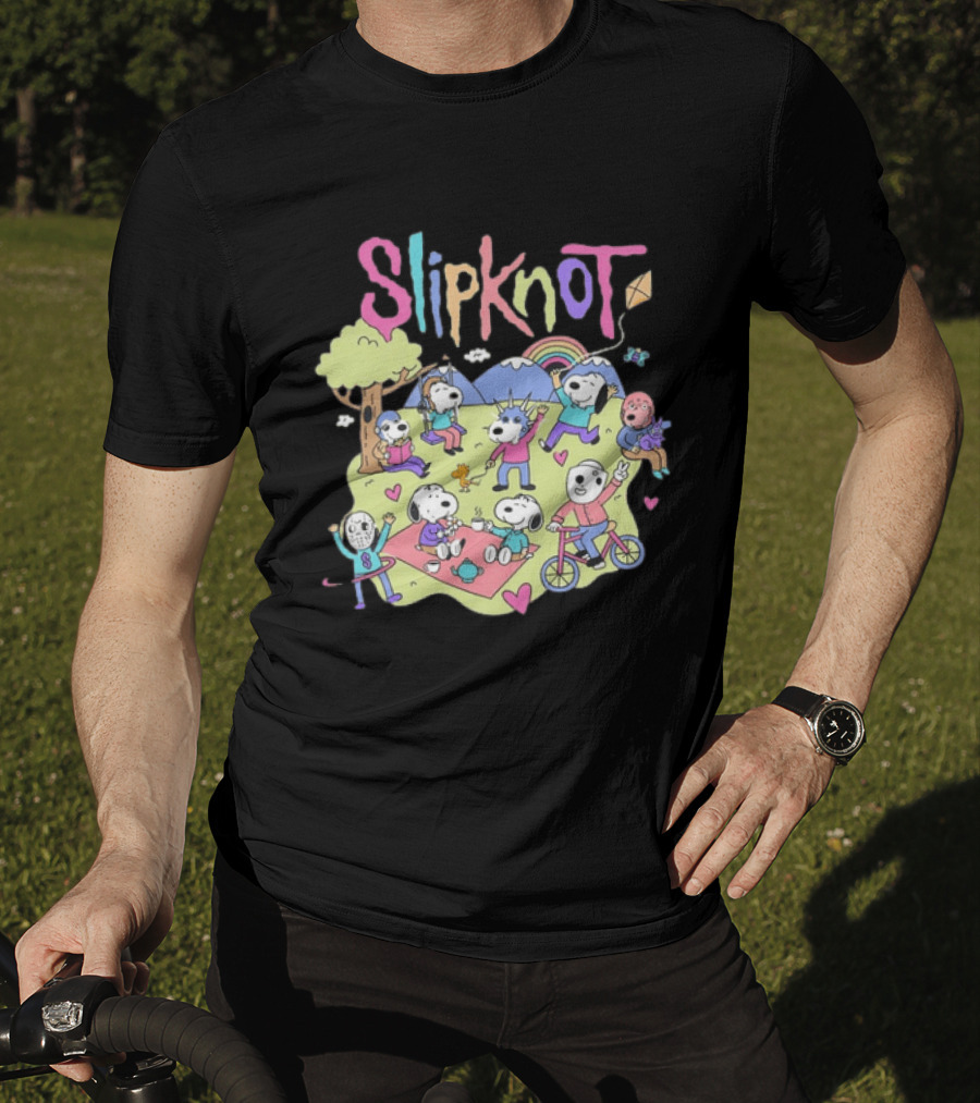 Snoopy Peanuts Characters Playing In Park With Slipknot T-Shirt
