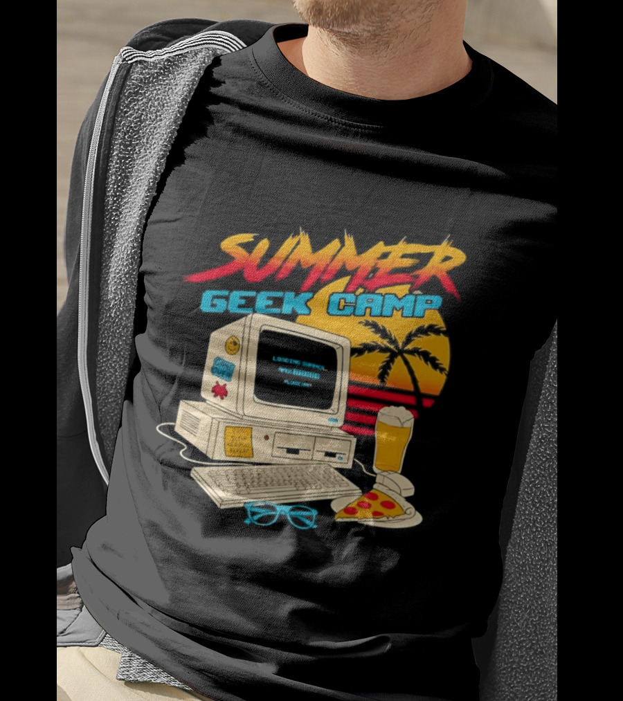 Summer Geek Camp Retro Computer Pizza And Palm Vibes T-Shirt