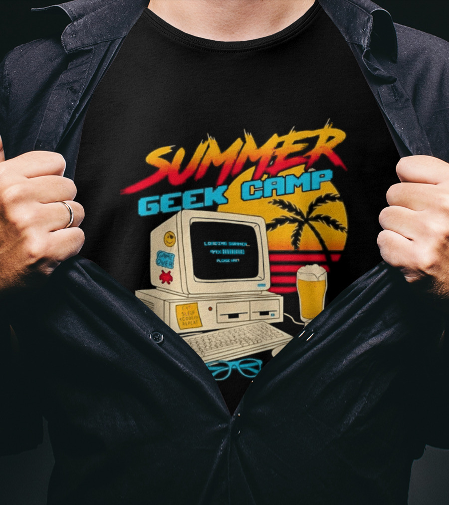 Summer Geek Camp Retro Computer Pizza And Palm Vibes T-Shirt
