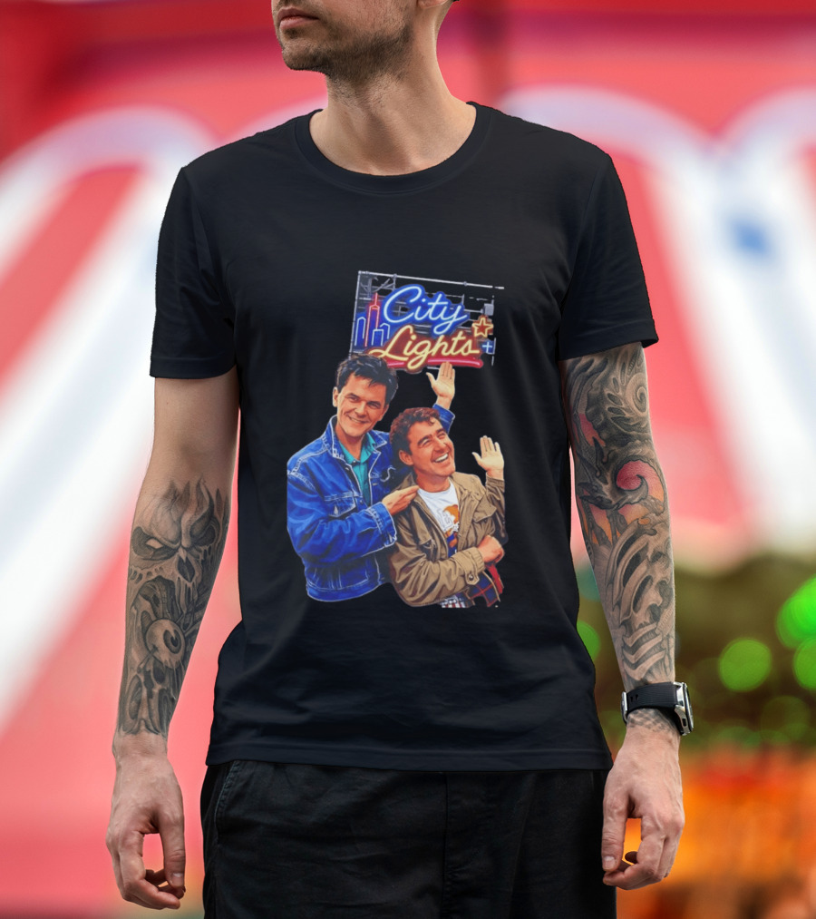 Two Men Smiling And Waving City Lights Neon Sign T-Shirt