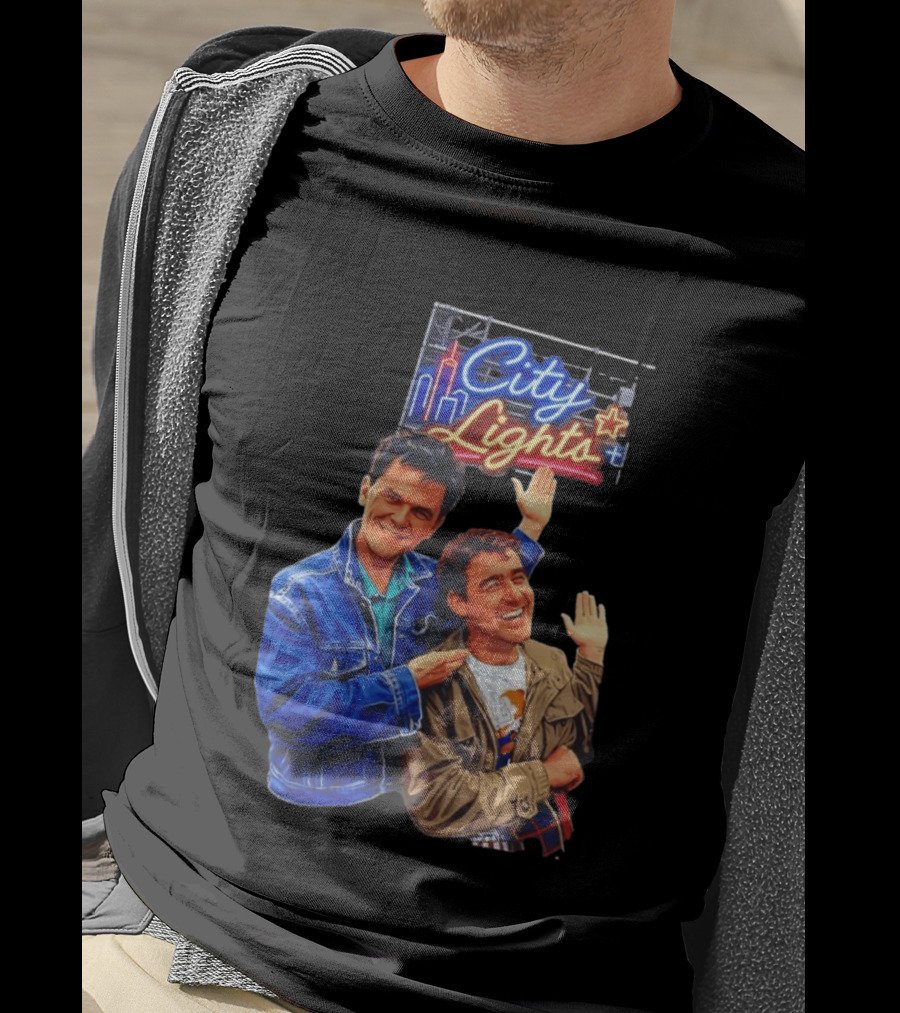 Two Men Smiling And Waving City Lights Neon Sign T-Shirt
